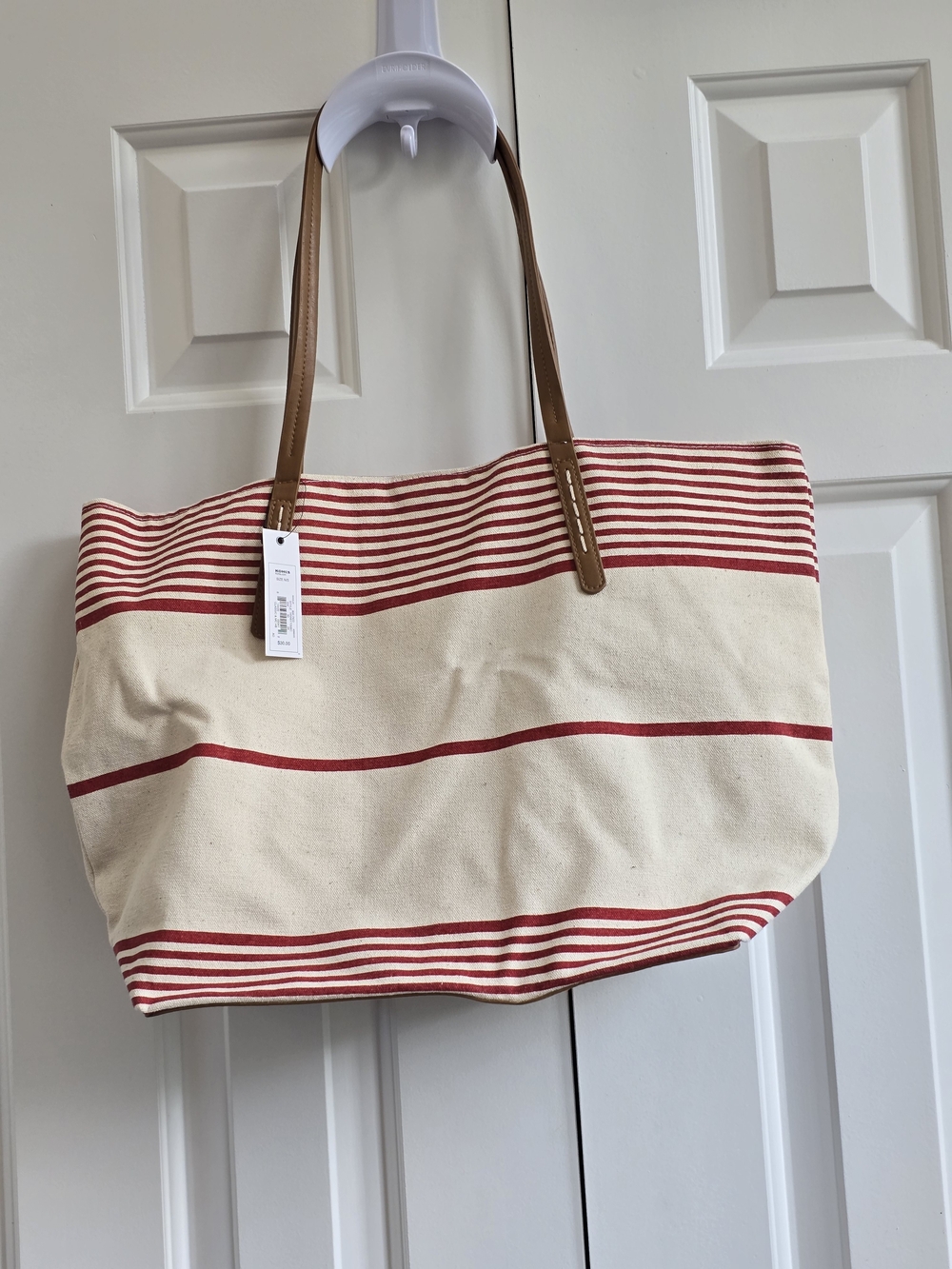 Sonoma Red and Cream Striped Canvas Tote with Tan Handles